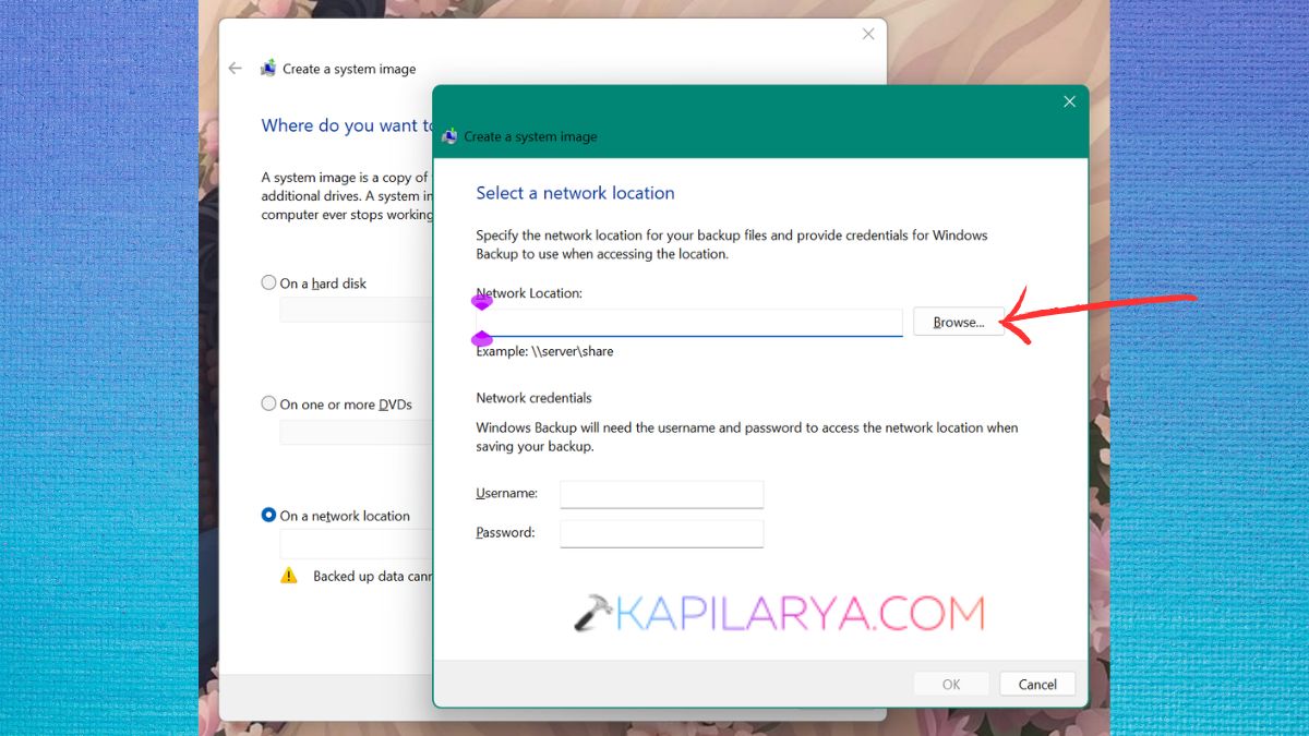 Create a System Image backup in Windows 11 on a network location