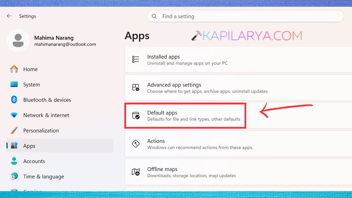 Default apps in Windows settings