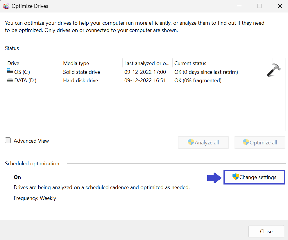 Fix: 100% Disk Usage in Windows 11 - Schedule Defragmentation 2