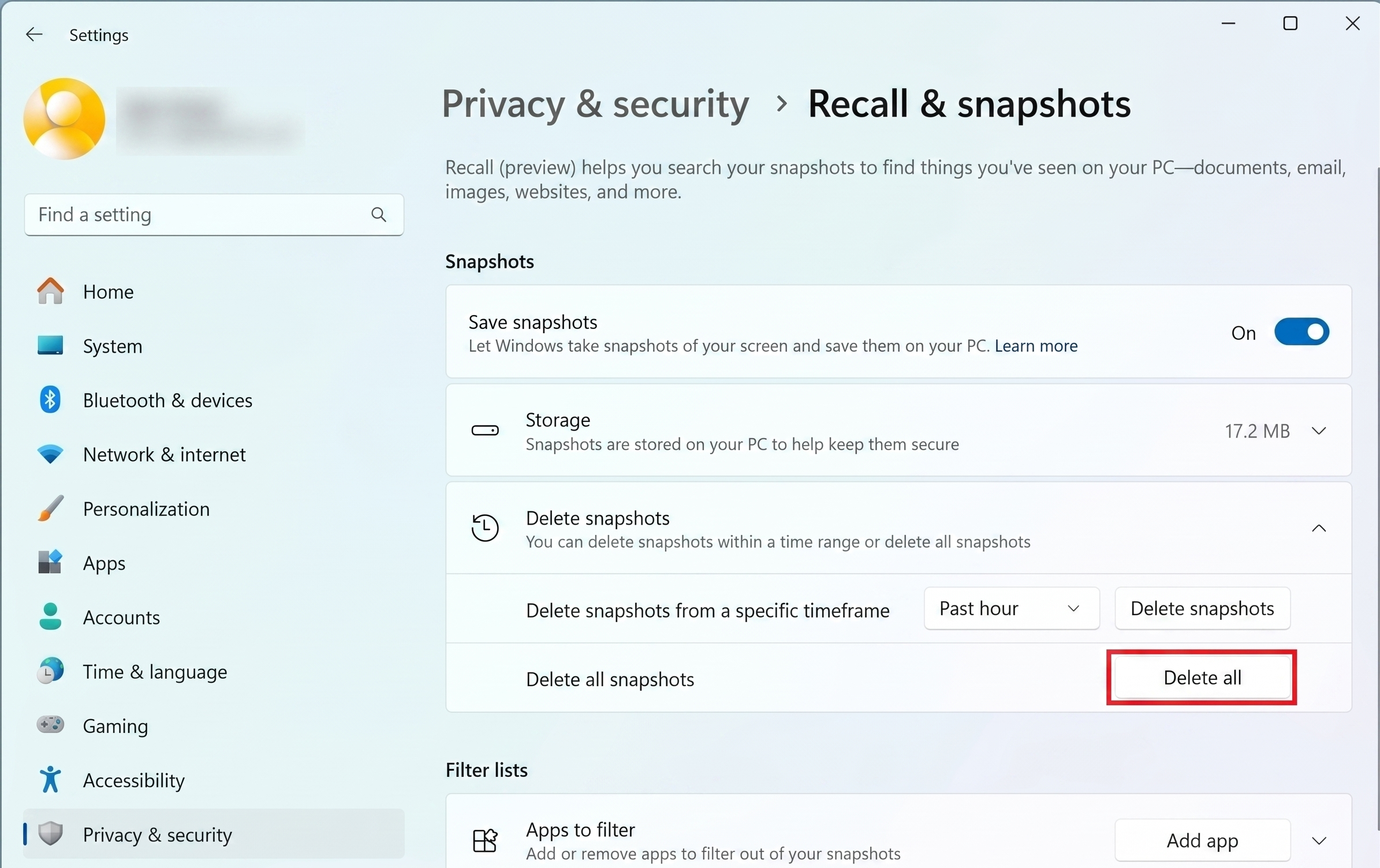 Delete all Snapshots: can’t access Recall right now