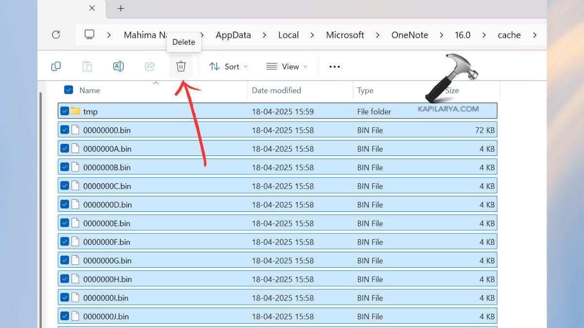 Delete contents of Cache folder of OneNote