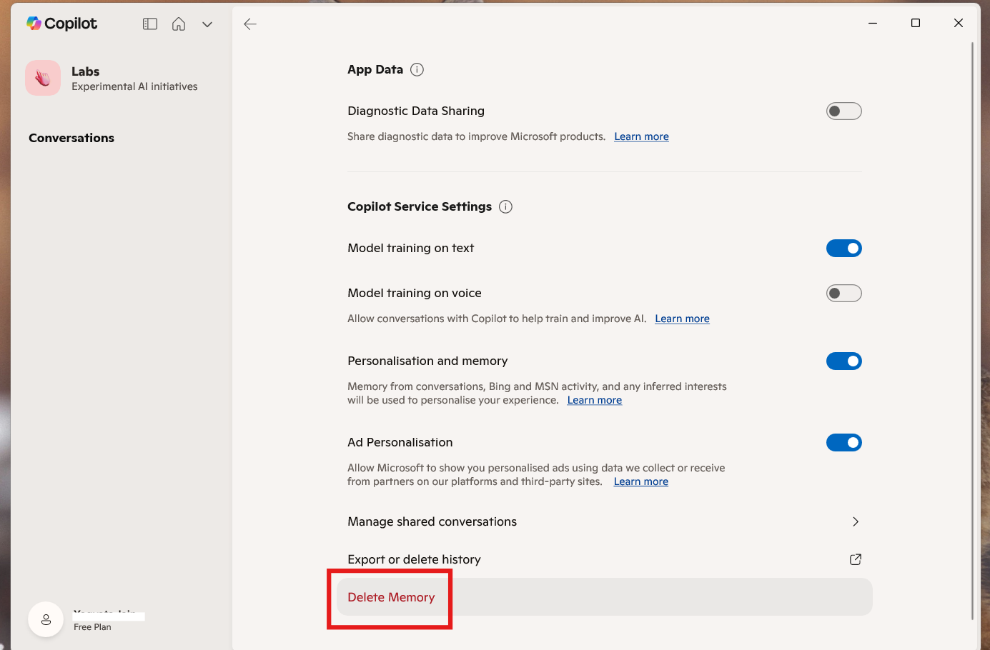 Delete memory from app: delete Copilot memory Windows 11
