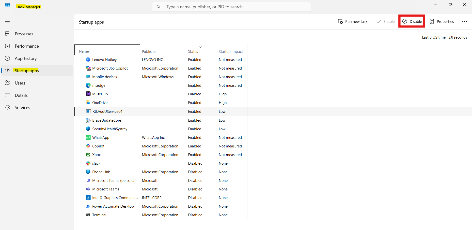 Disable Startup apps