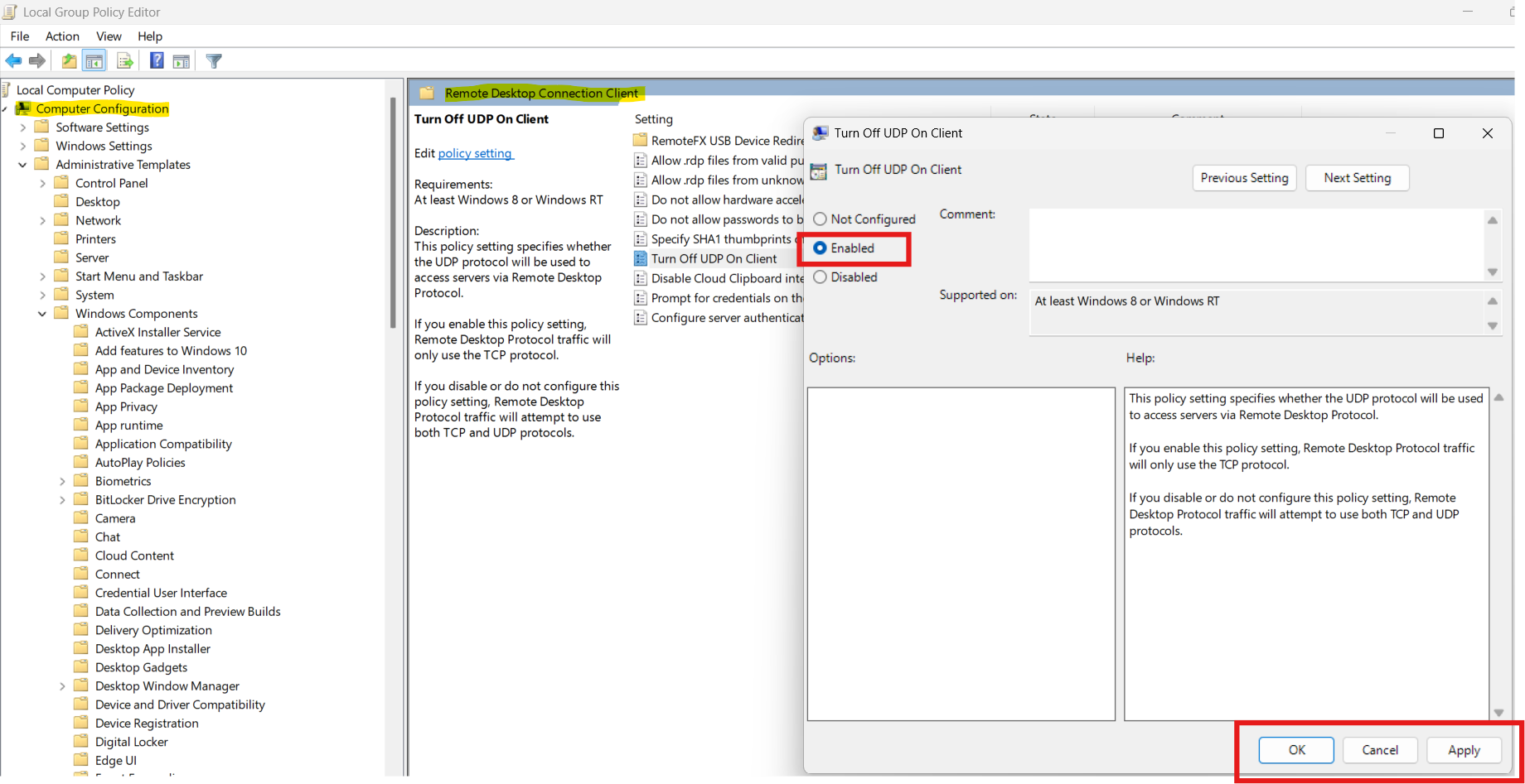 Disable UDP for Remote Desktop