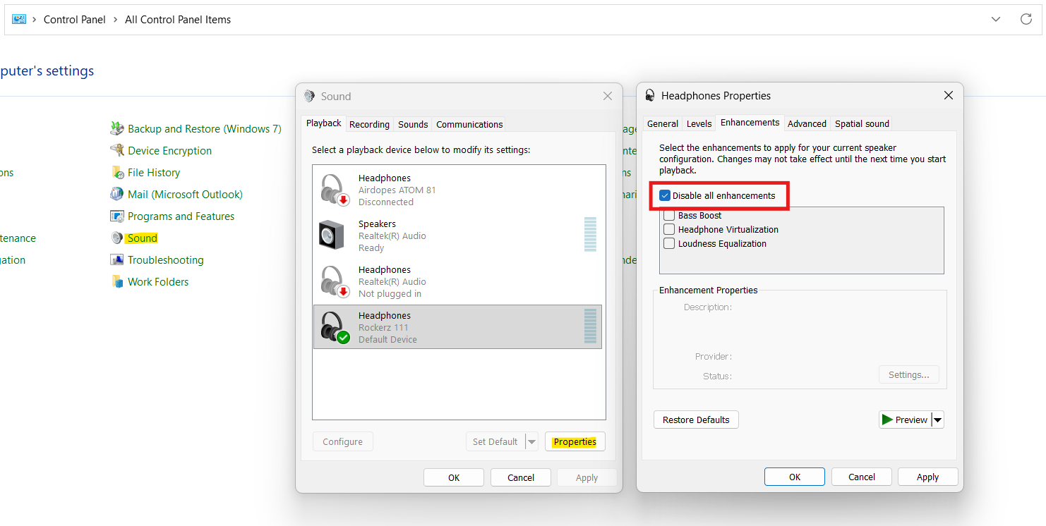 Disable enhancements: headphones not showing up Windows 11