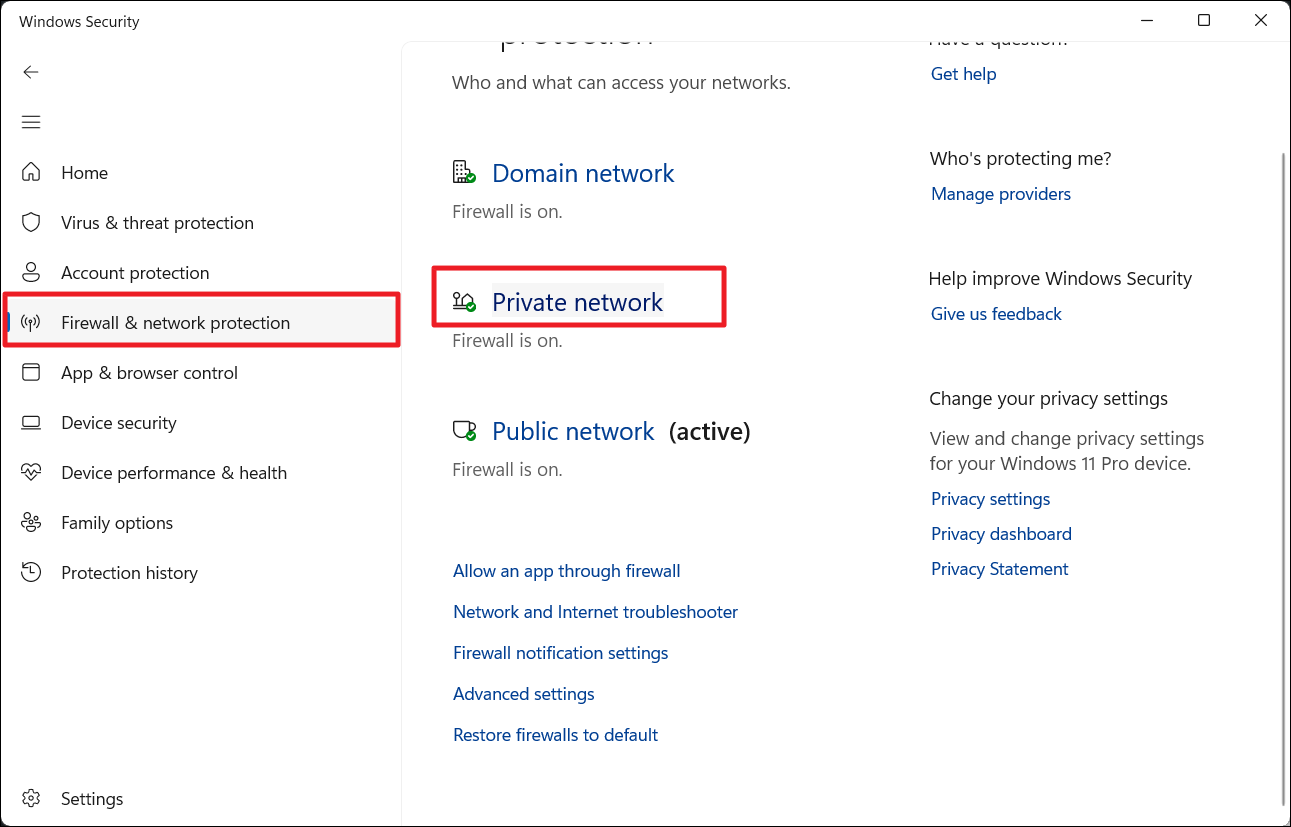 Go to firewall & network protection and select Private network