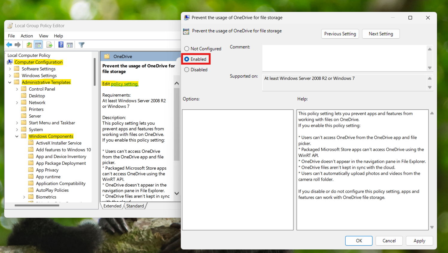 Disable via Group Policy: Uninstall OneDrive