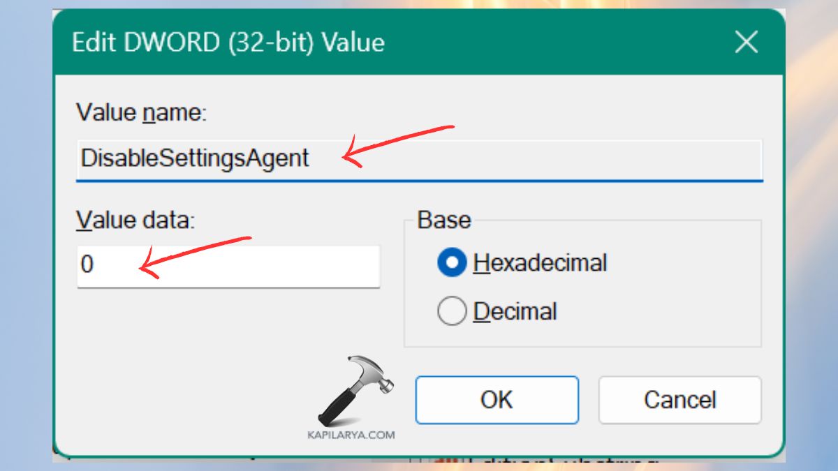 DisableSettingsAgent value to zero