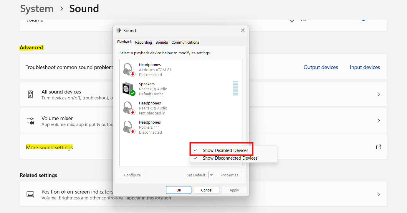 Disabled devices: headphones not showing up Windows 11