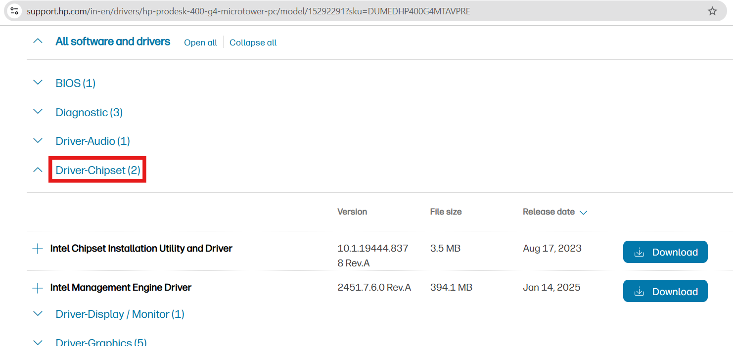 Driver chipset HP diagnostics not up to date