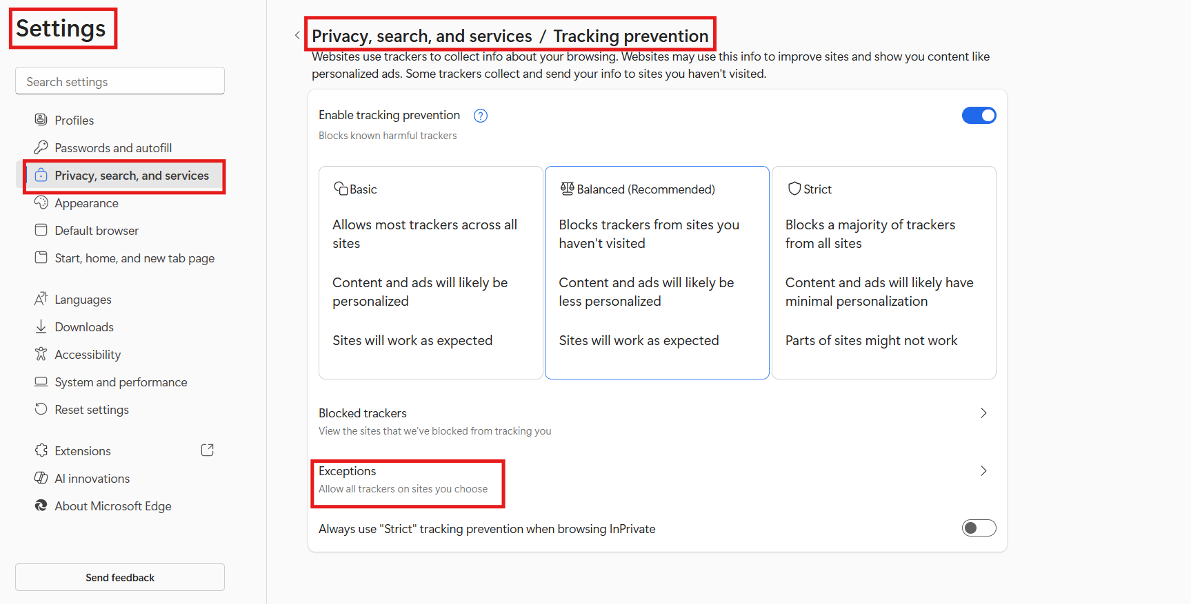 TRacking revention Settings