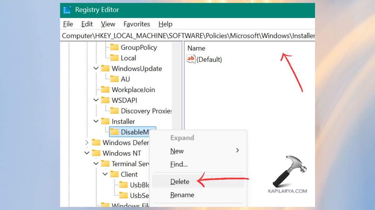 Edit the Installer Registry Key delete the key disablemsi
