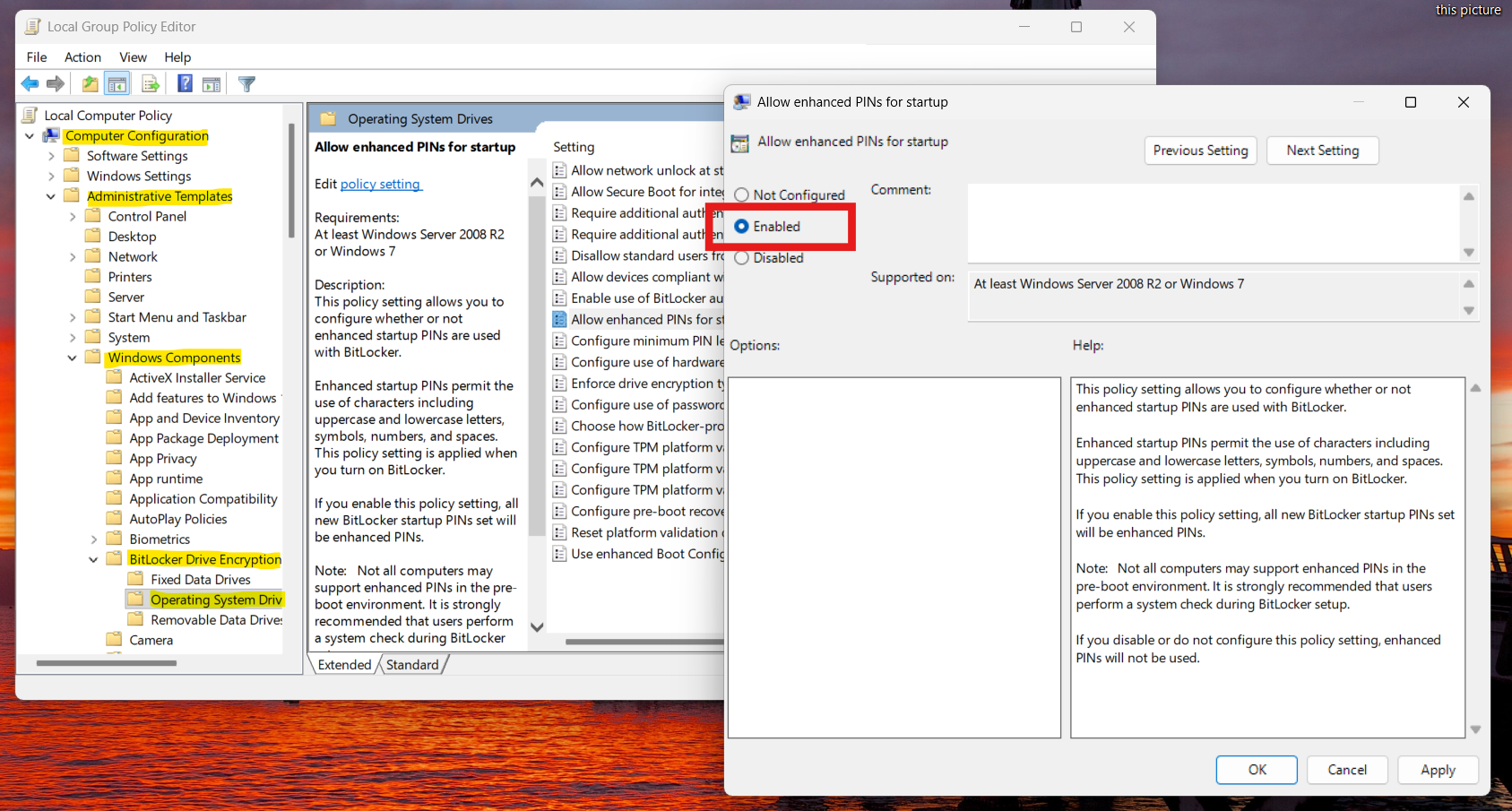 Enable Enhanced PIN: Can’t Set BitLocker Password in Windows 11