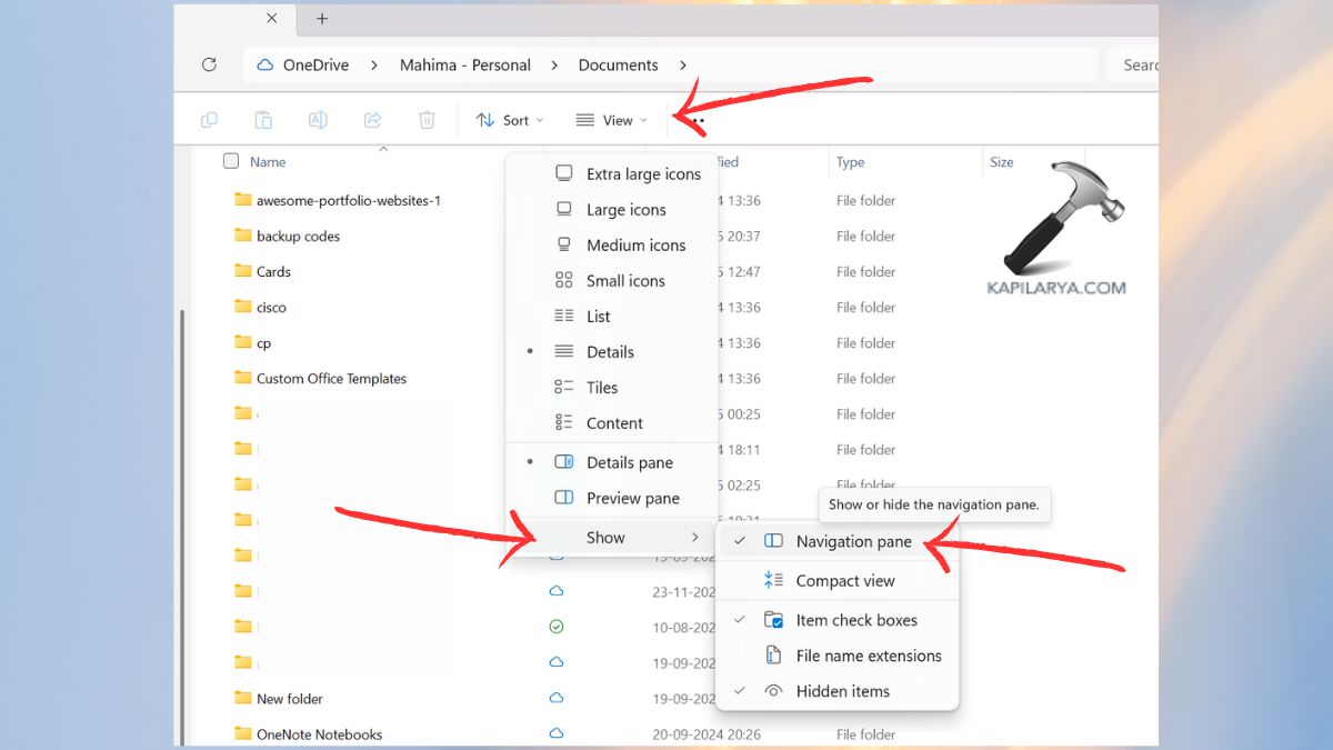 Enable Navigation Pane From View Options in file explorer