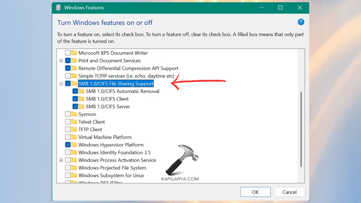 Enable SMB 1.0 in Turn Windows features on or off