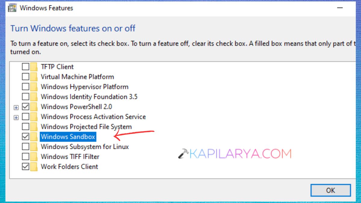 Enable Windows Sandbox in Windows Features
