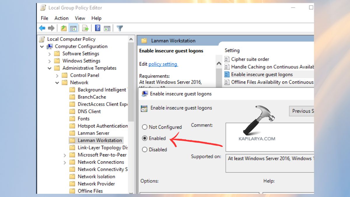 Enable insecure guest logons group policy