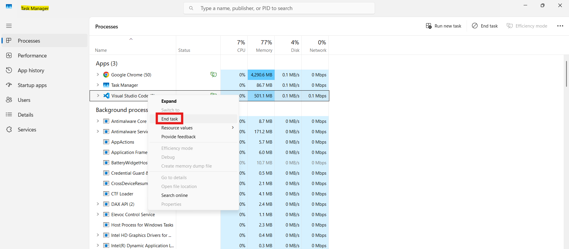 End task: window terminated unexpectedly error