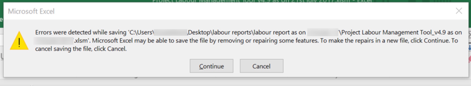 Errors were detected while saving in Microsoft Excel