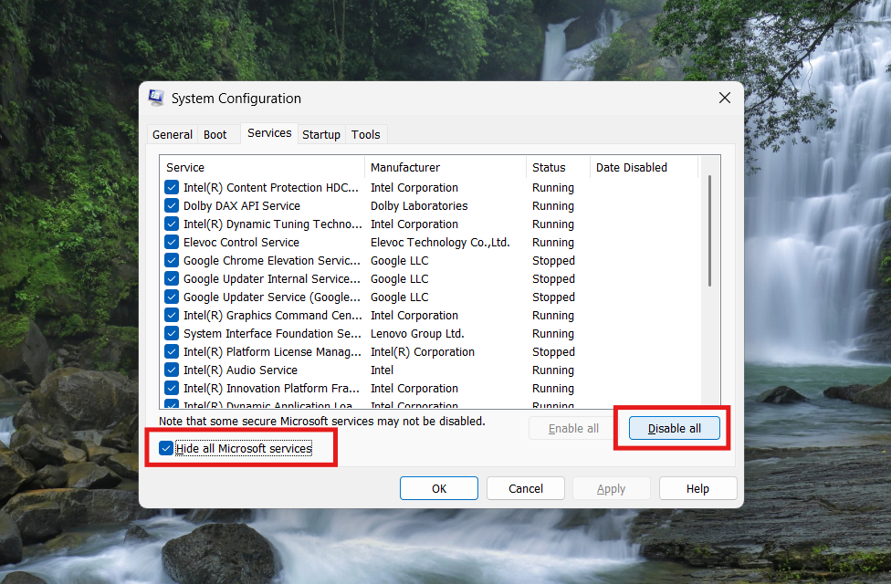Non-Microsoft services disabled for clean boot