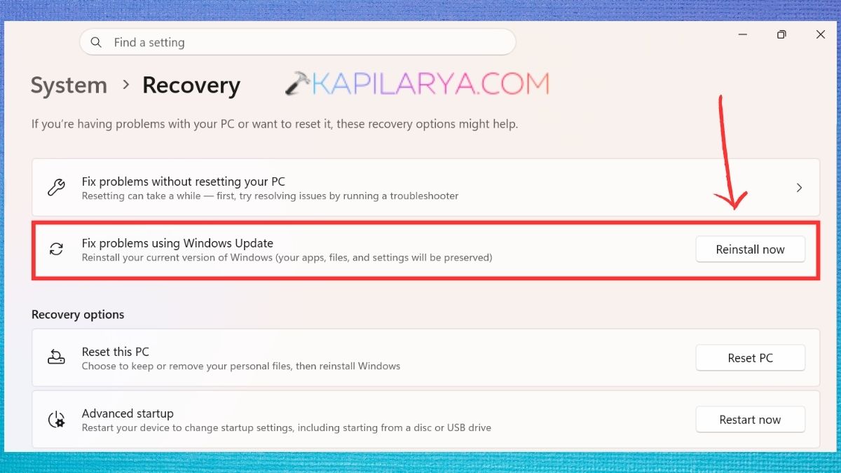 Fix problems using Windows Update Reinstall now