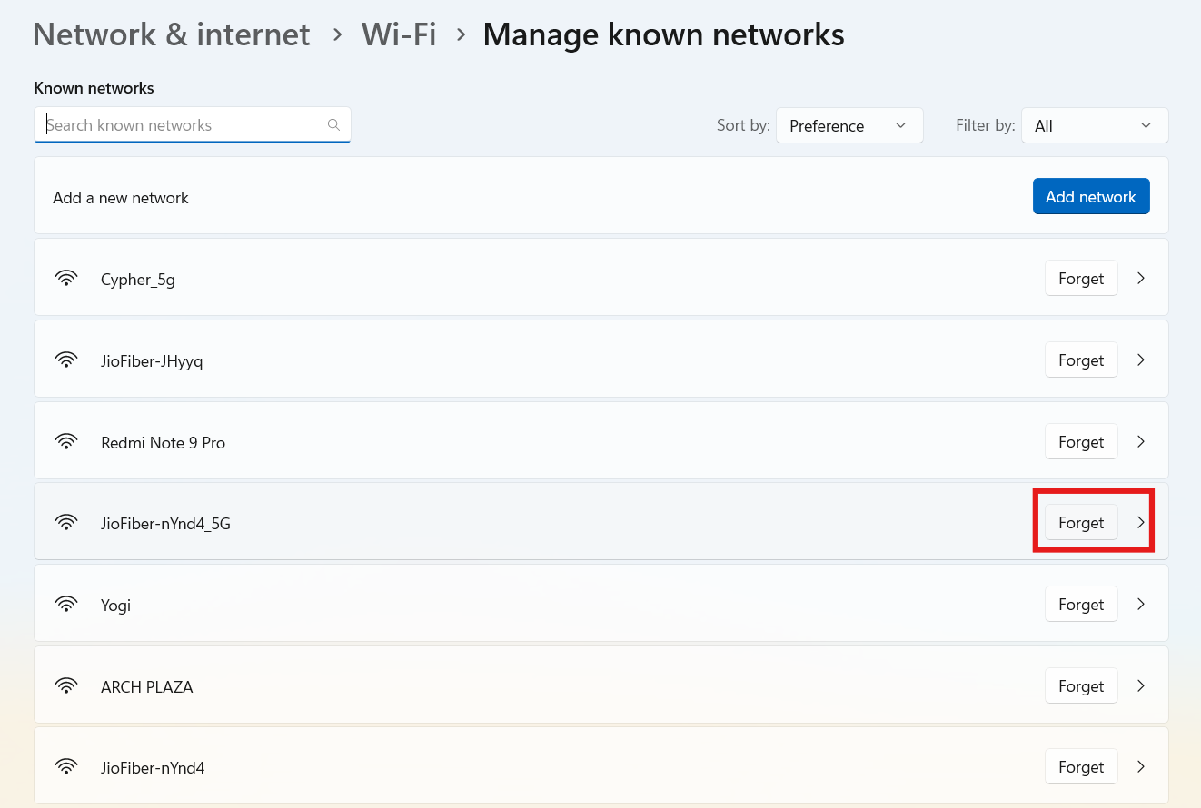 Forget network: network security key isn’t correct Windows 11