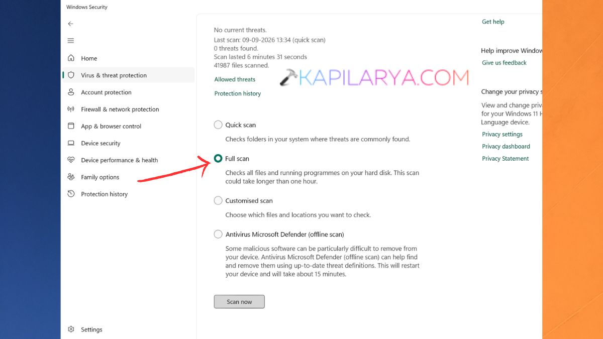 Full scan in Windows security