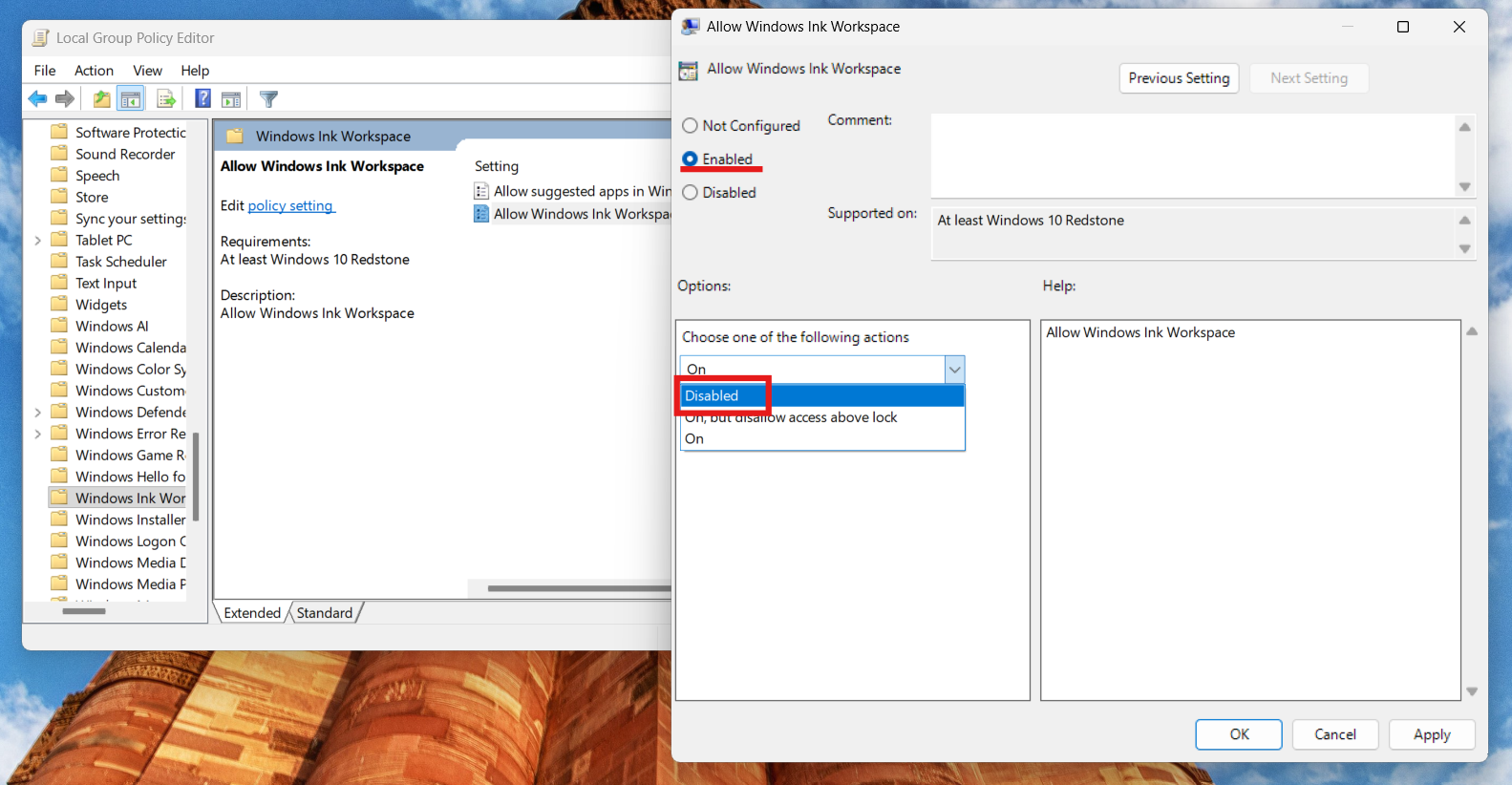 Group policy editor: disable Windows Ink Workspace