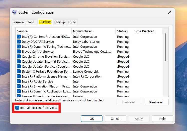 Hide Microsoft services