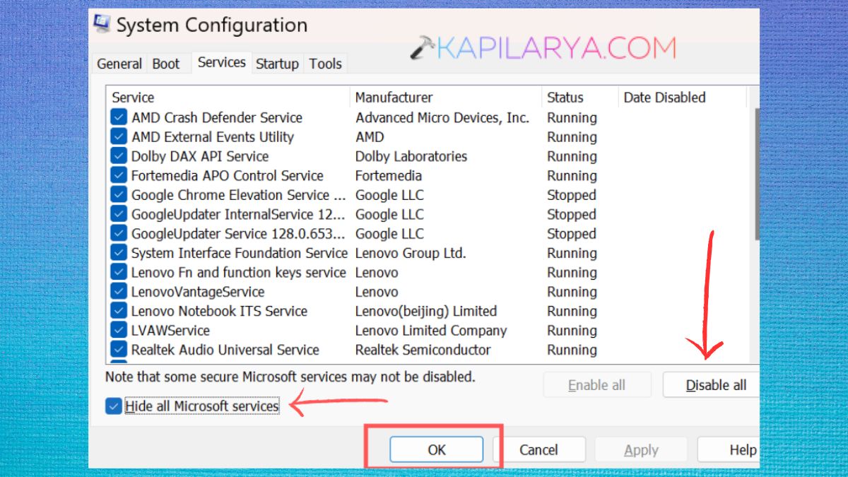 Hide all microsoft services in ssytem configuration Fix Endpoint Protection Service High CPU in Windows 11