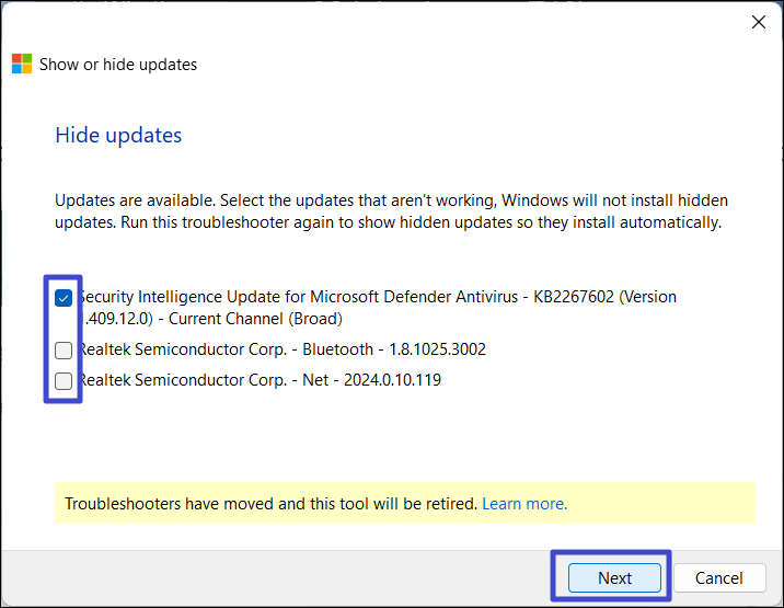 Show or hide updates on Windows 11