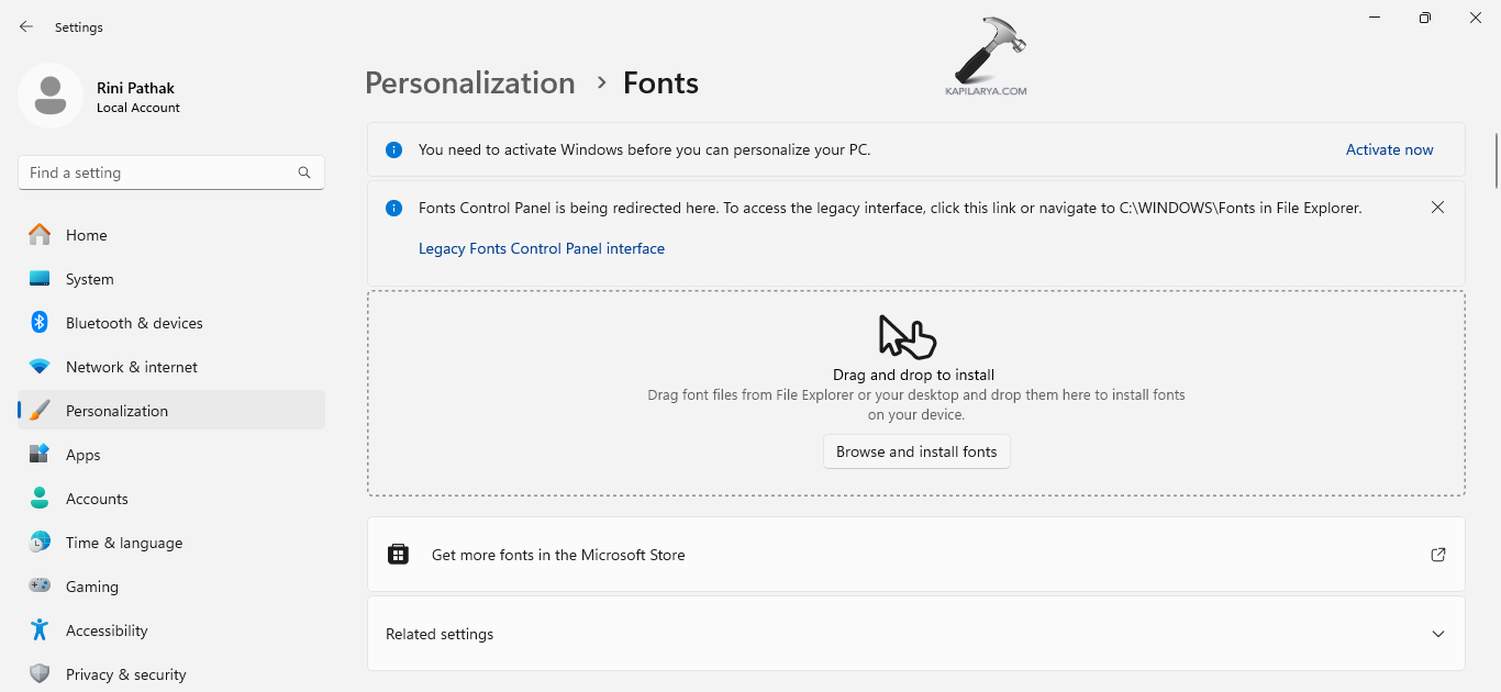 Selecting Browse and Install fonts