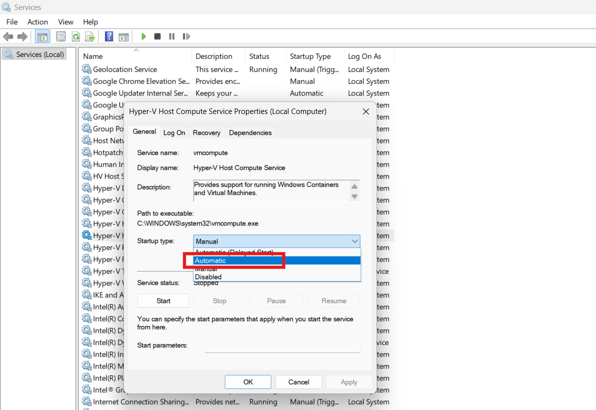 Hyper-V set to Automatic: VMSP service failed to start in Windows 11