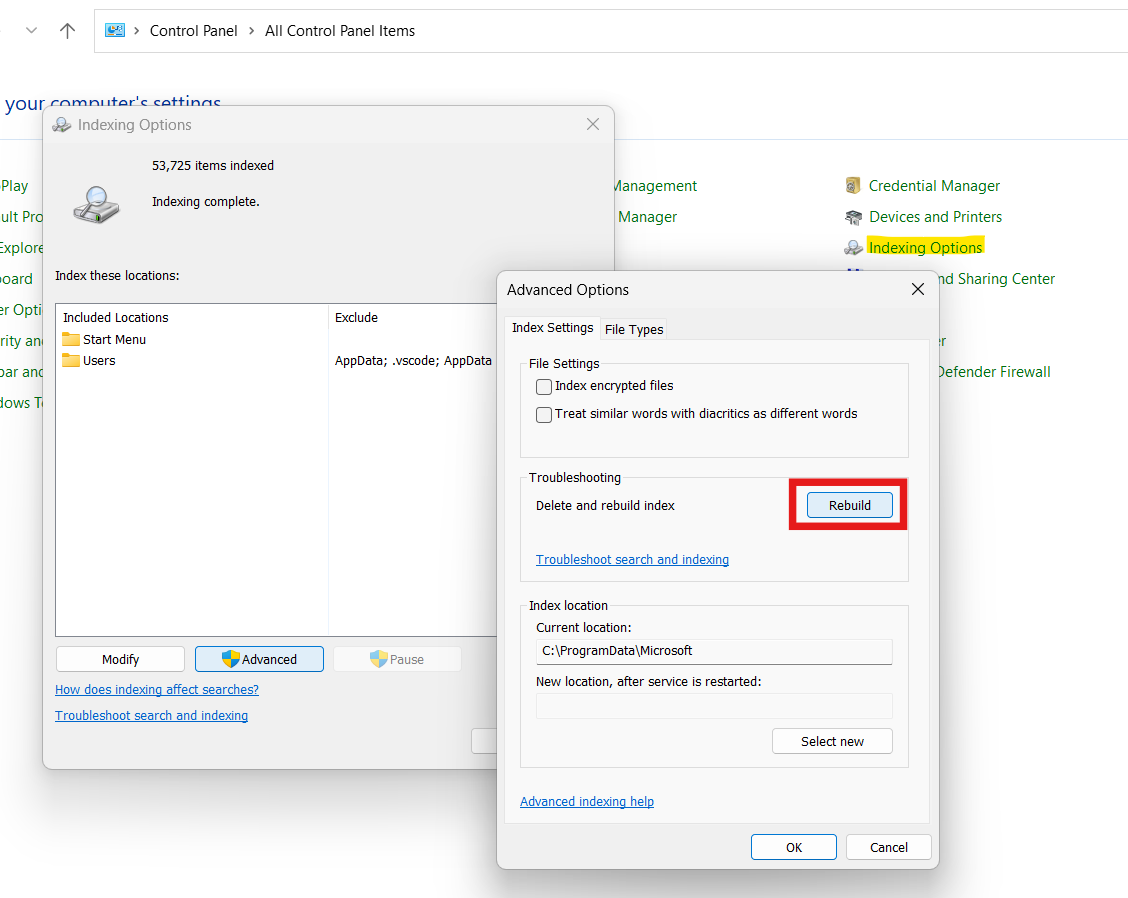 Indexing options: Fix Windows Explorer Not Responding on Windows 11