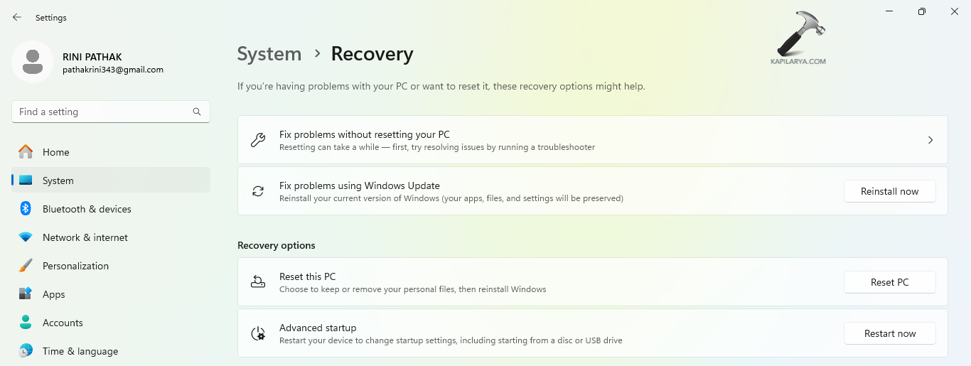 Selecting Reset This PC
