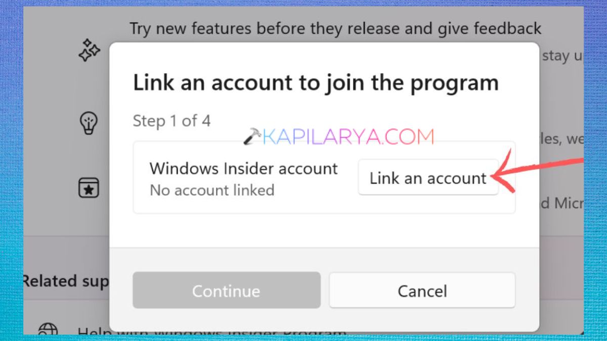 Link an account to join the Windows Insider program