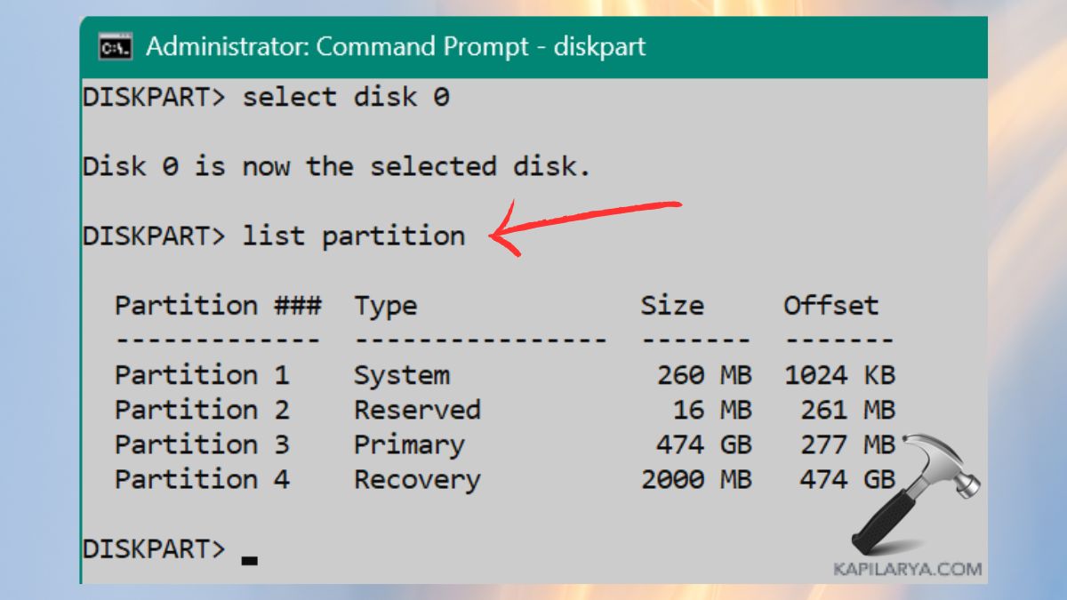 List Partitions of disk in command prompt