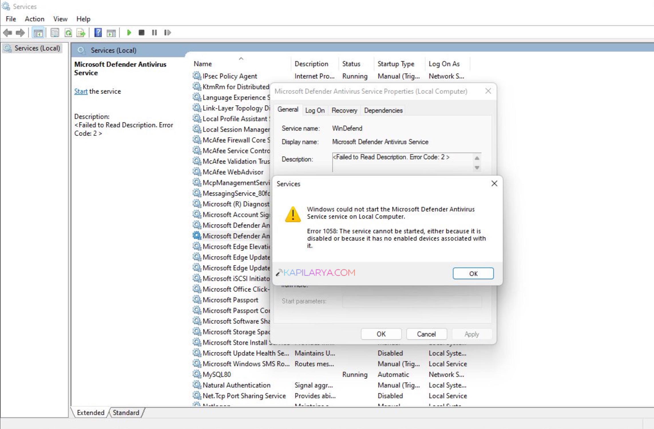 Windows could not start the Microsoft Defender Antivirus service