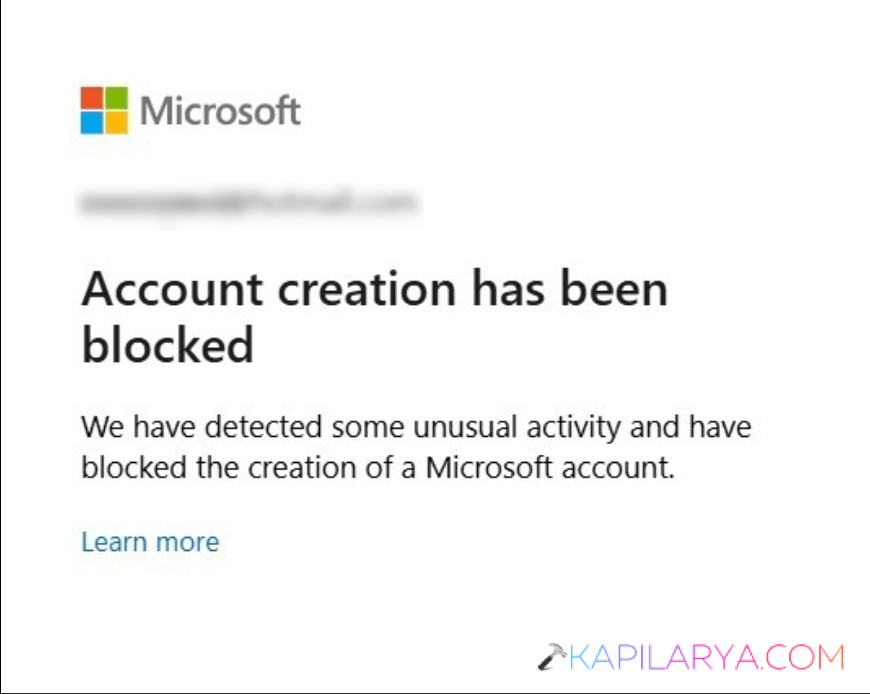 Microsoft Account creation has been blocked error