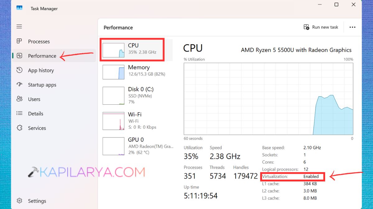 Make Sure CPU Virtualization Is Enabled in Task Manager