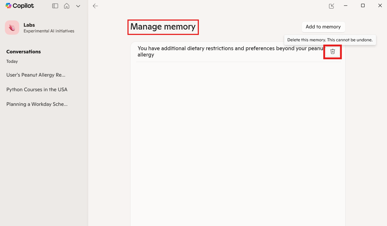 Manage Memory: delete Copilot memory Windows 11