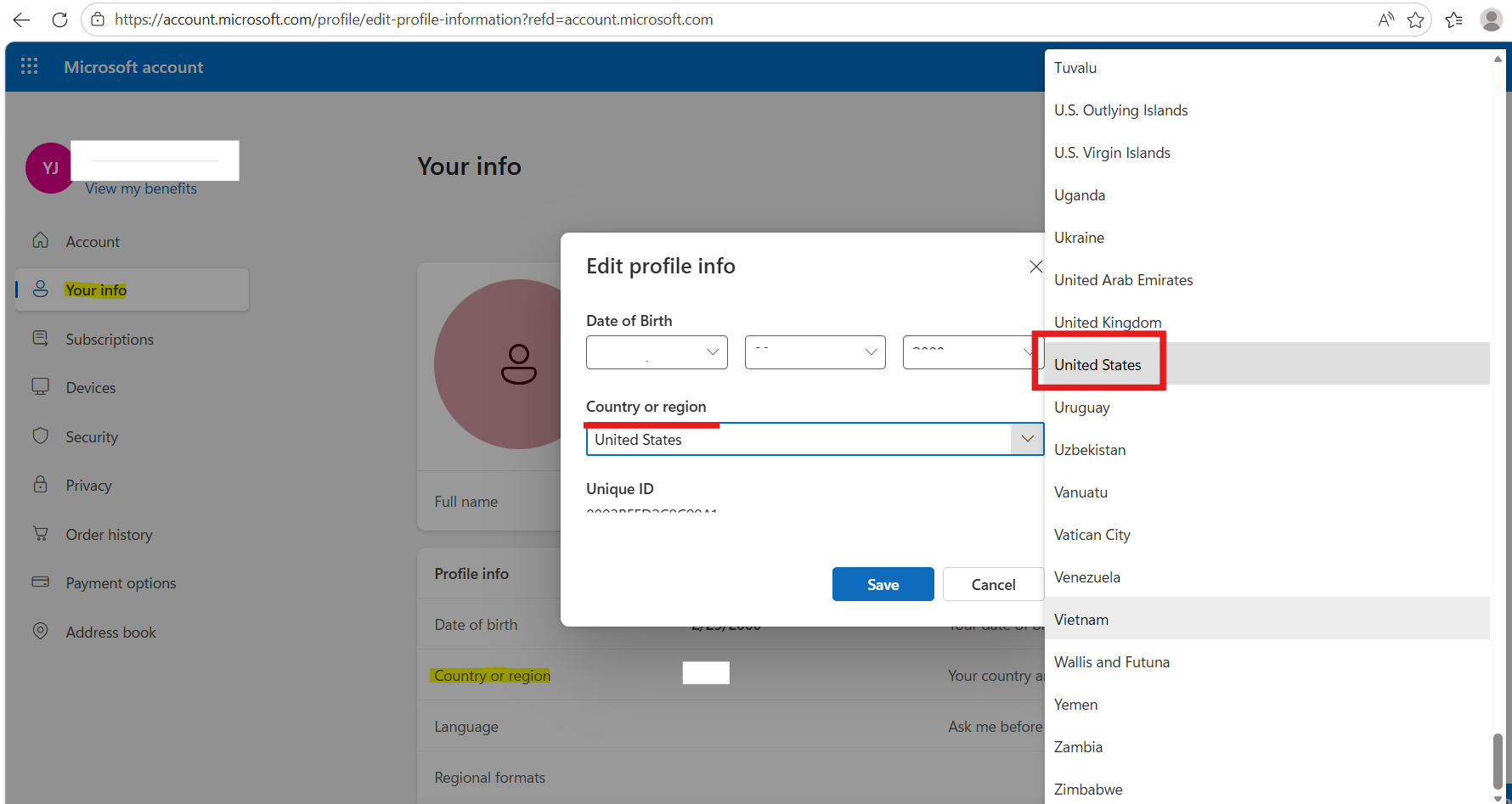 Match Microsoft Account Region