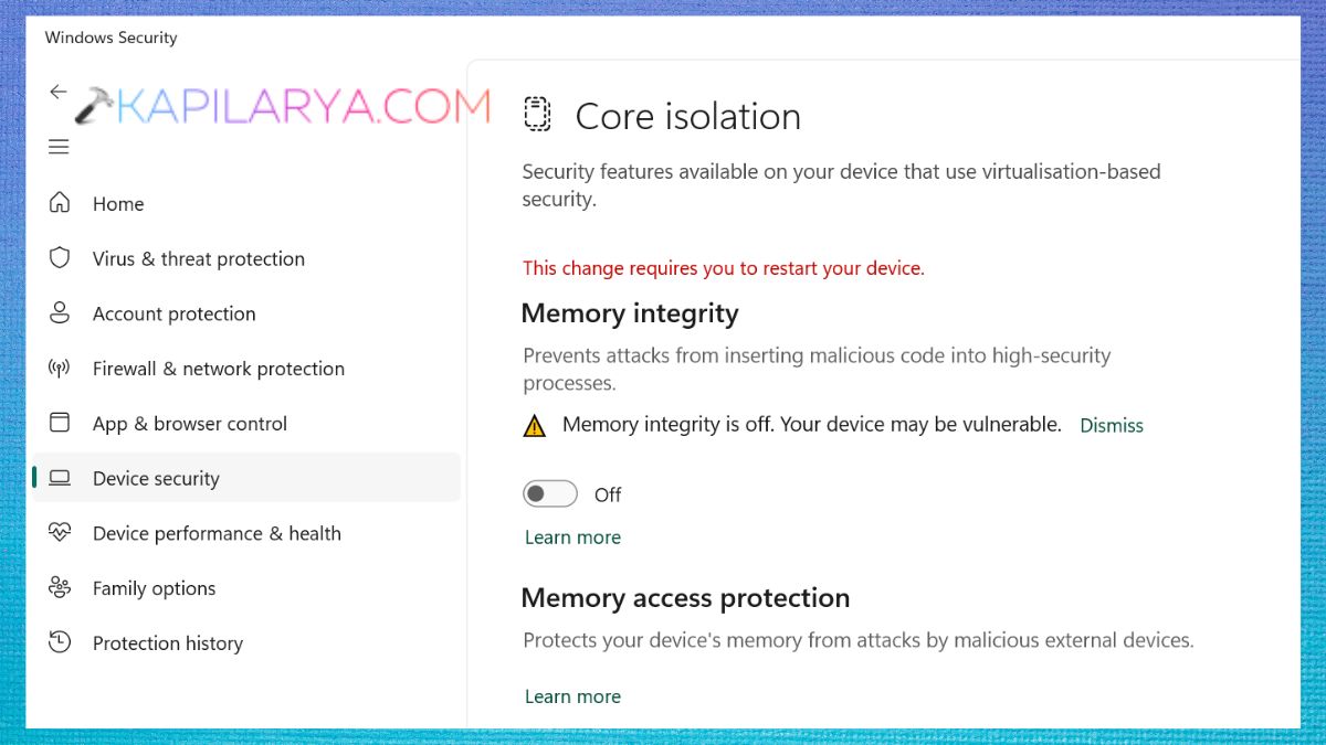 Memory integrity in core isolation
