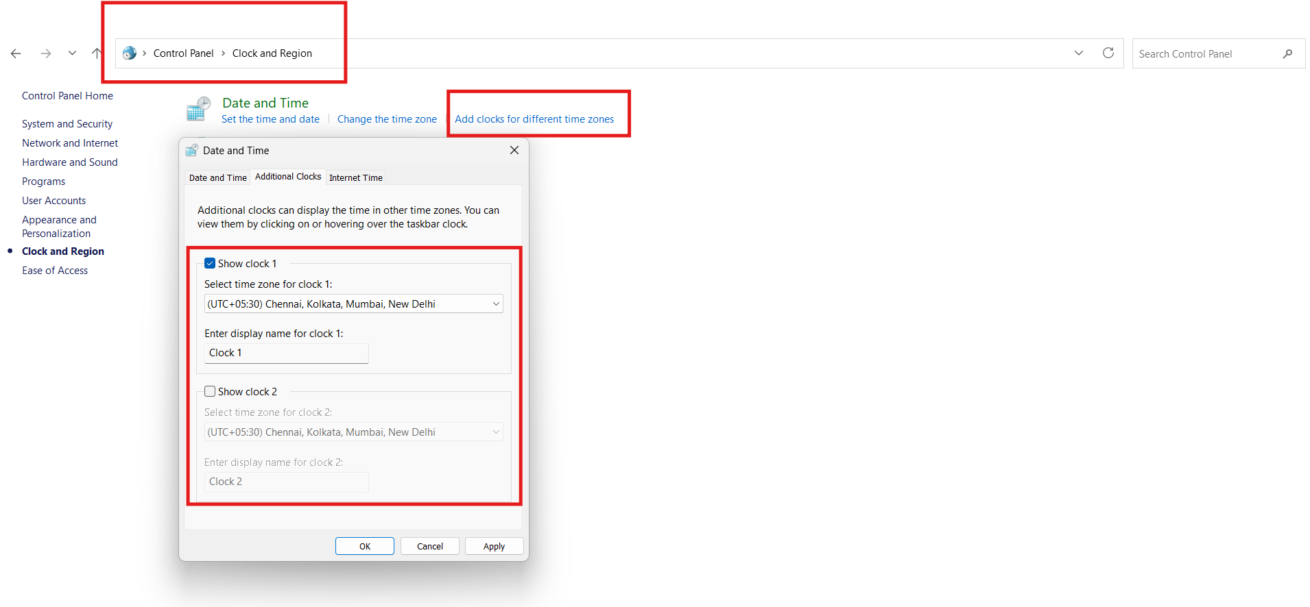 Control Panel - Add Multiple Time Zone Clocks