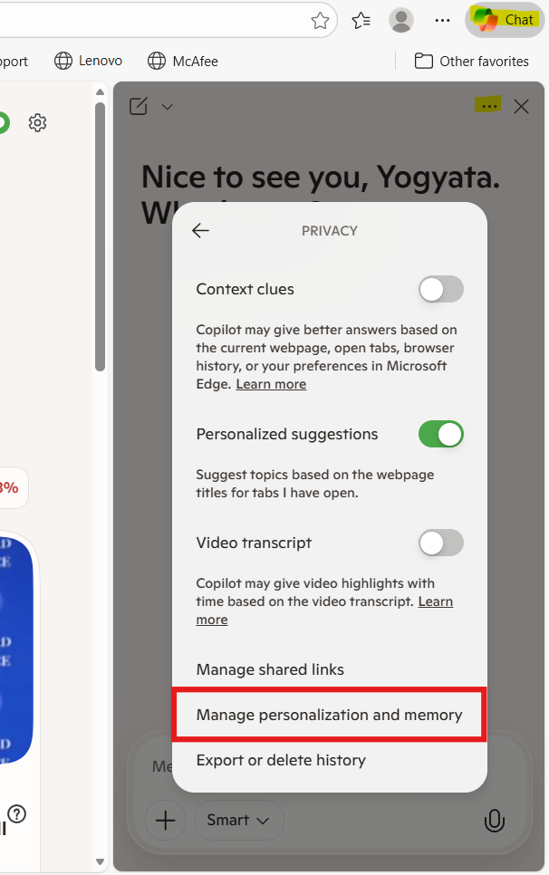 Microsoft edge settings: delete Copilot memory Windows 11