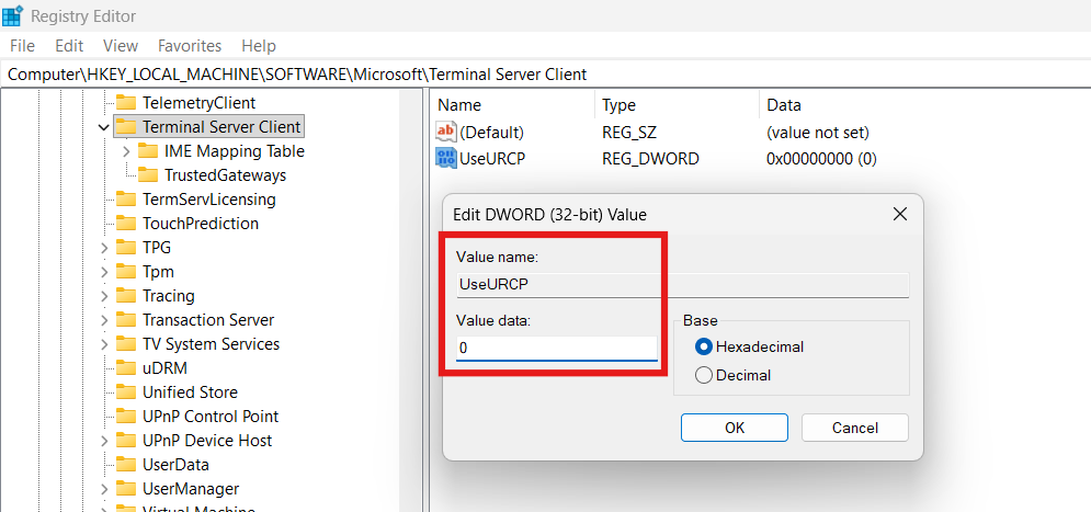 Modify the UseURCP Registry Entry