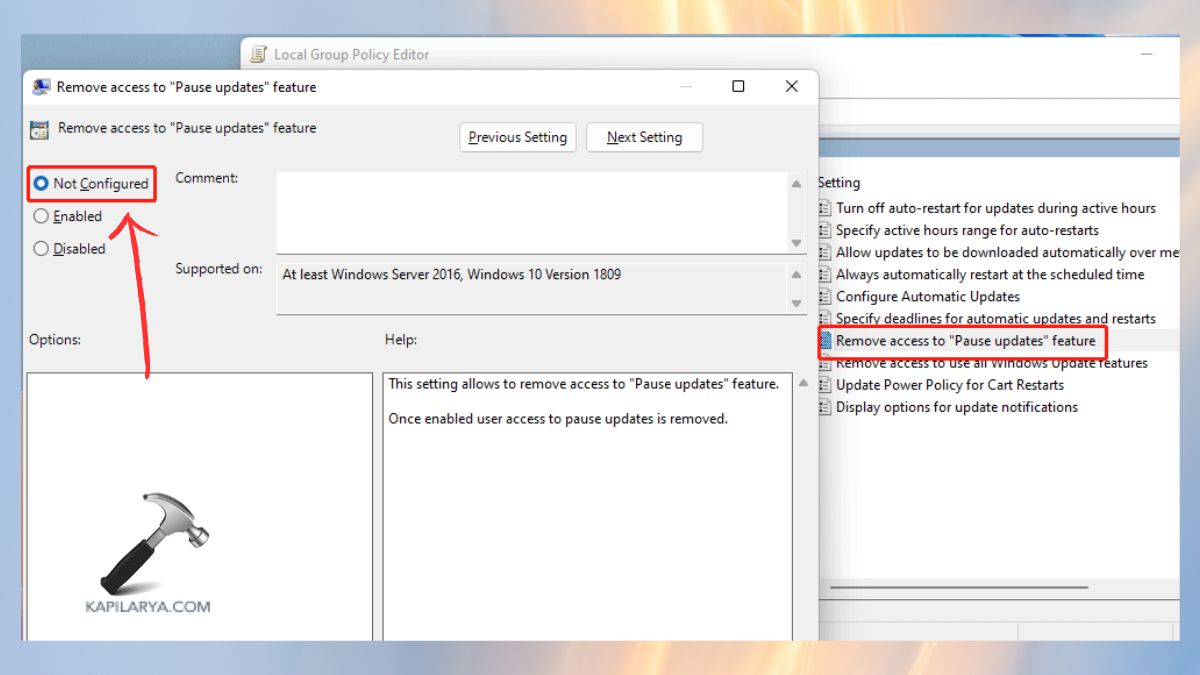NOT CONFIGURED Remove access to the Pause updates feature