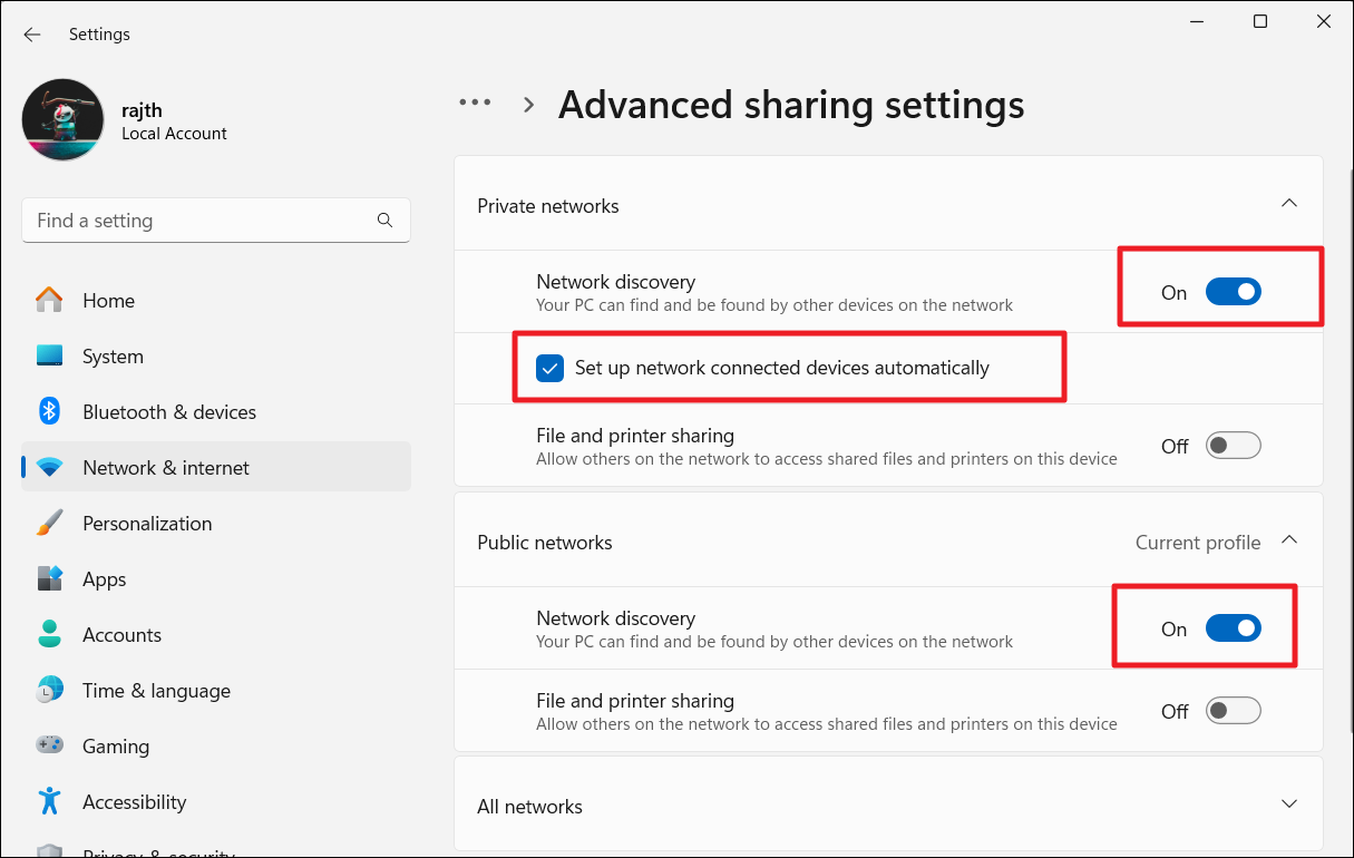 Turn on Network discovery for Private and public network