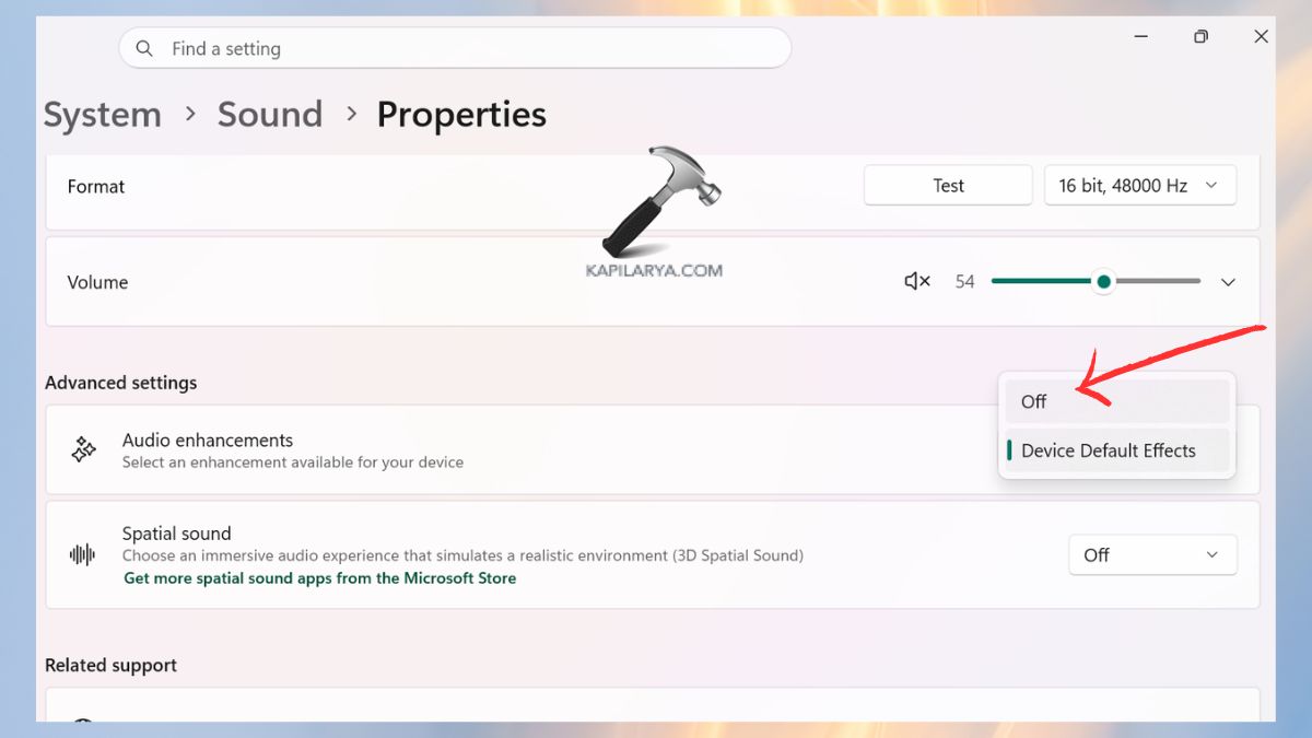 Off Audio Enhancements for Output Sound to fix Laptop sound not working in Windows 11