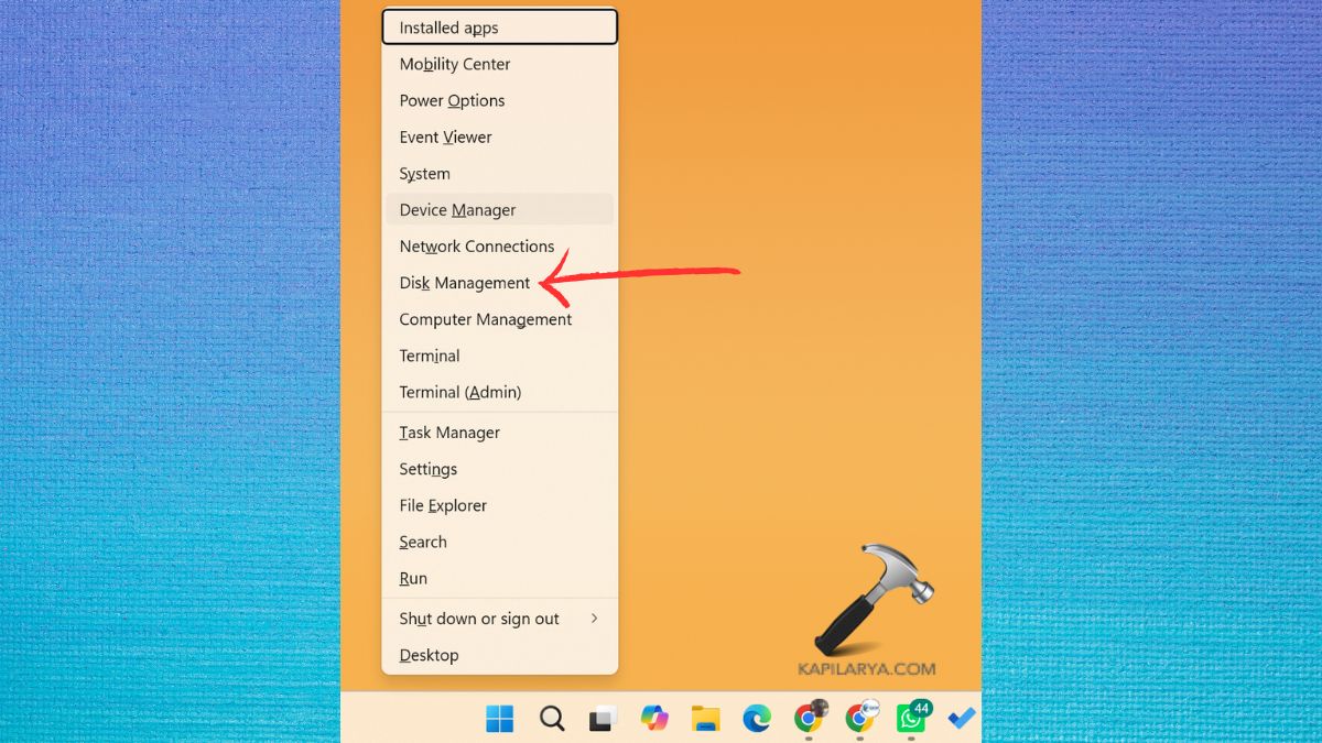 Open Disk Management from win bar